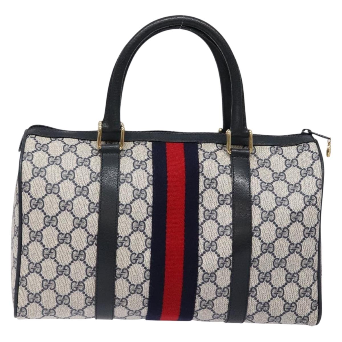 GUCCI GG Supreme Sherry Line Boston Bag PVC Navy Gold Auth ki5935