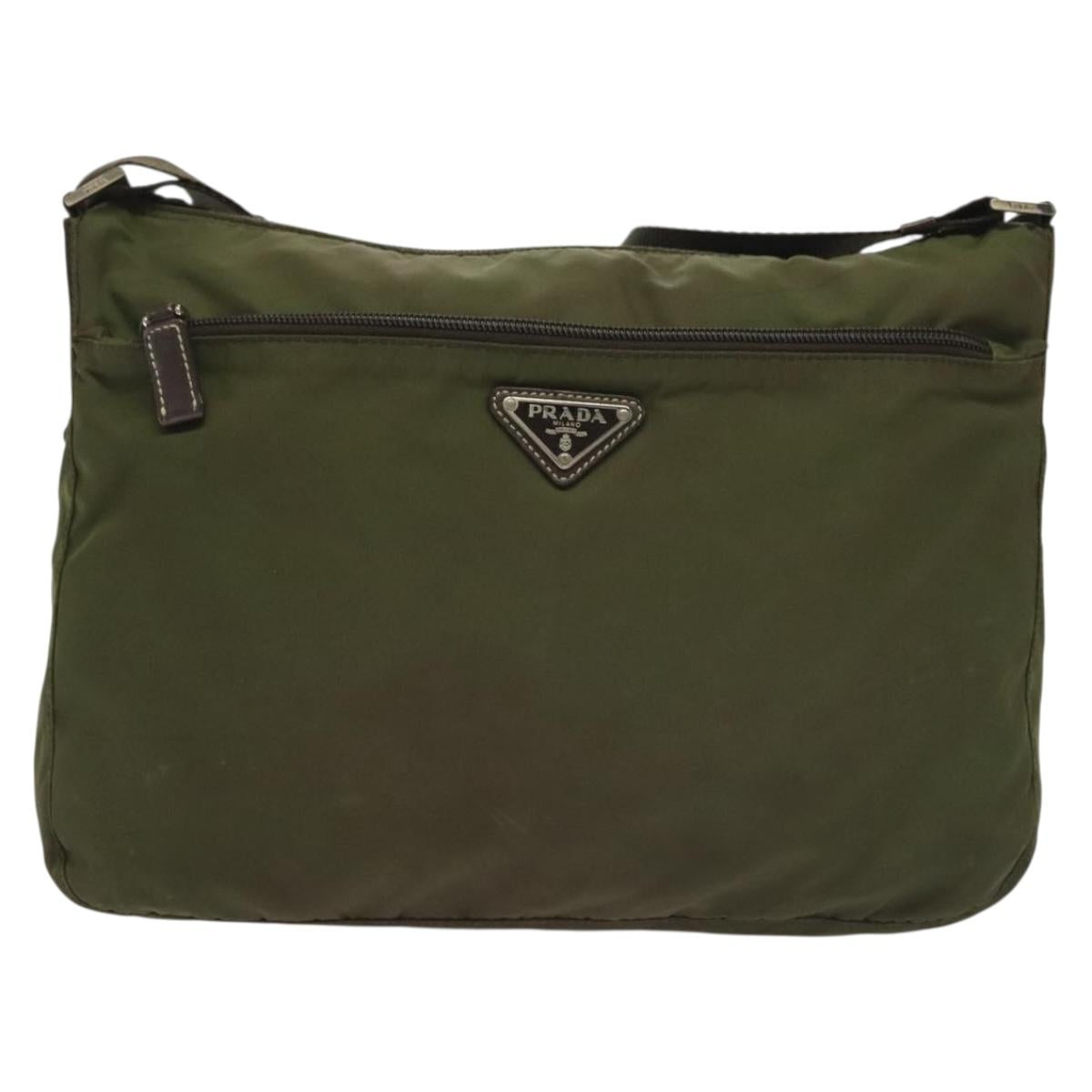 PRADA Shoulder Bag Nylon Khaki Silver Auth ki5956