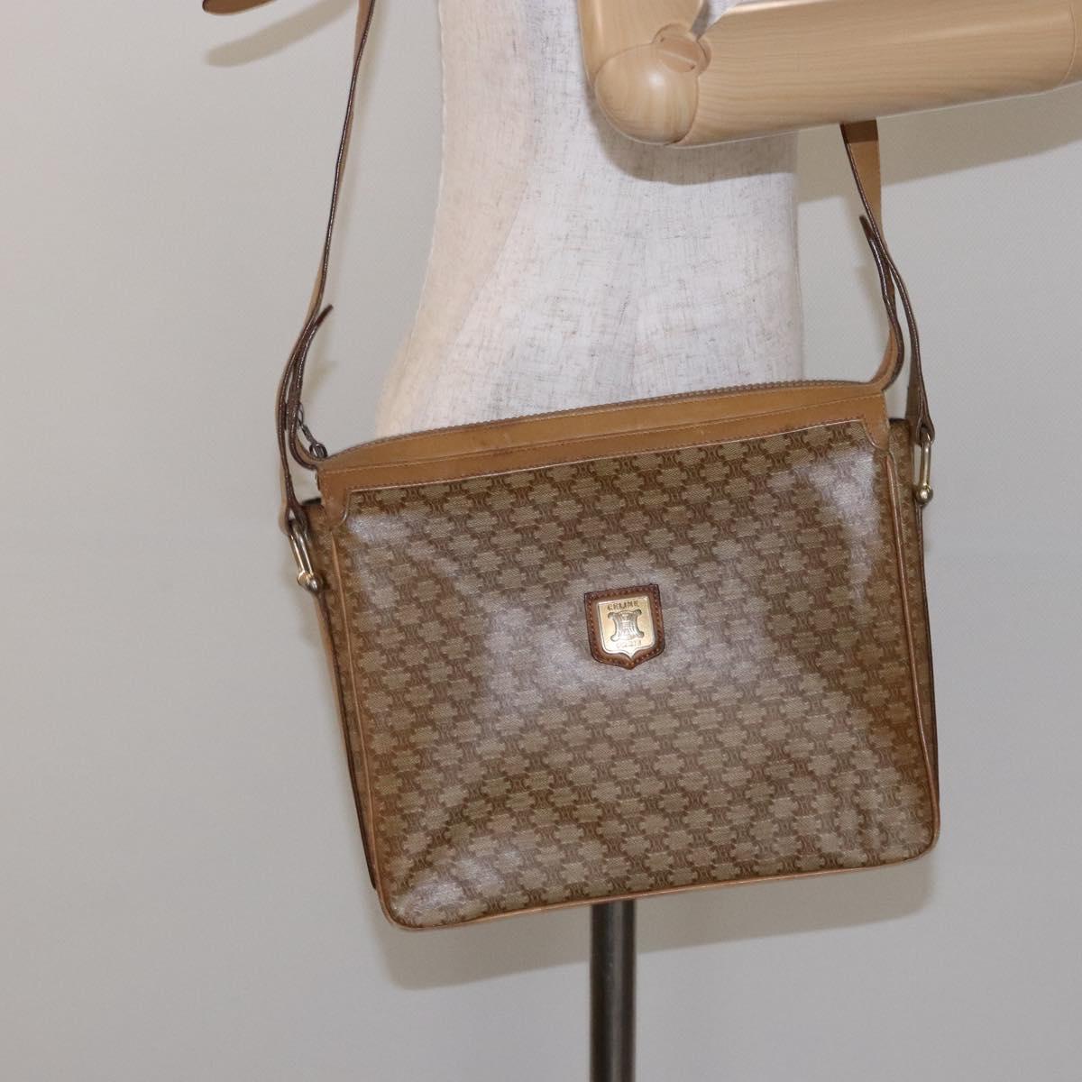 CELINE Macadam Canvas Shoulder Bag Beige Gold Auth ki5971