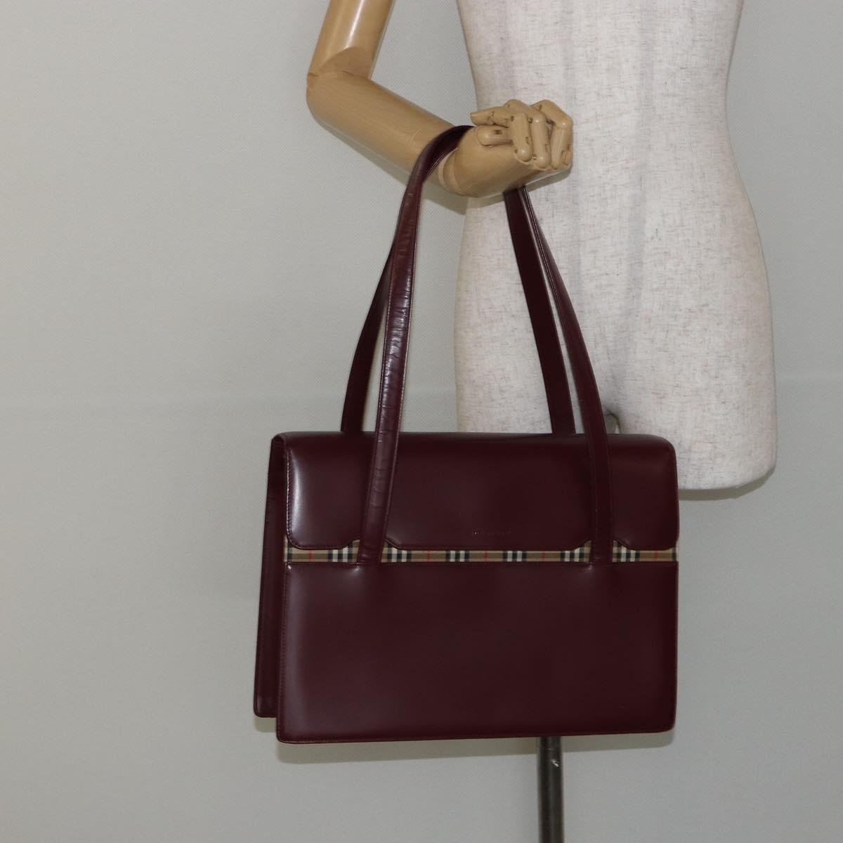 BURBERRY Nova Check Hand Bag Canvas Leather Bordeaux Beige Auth ki6009