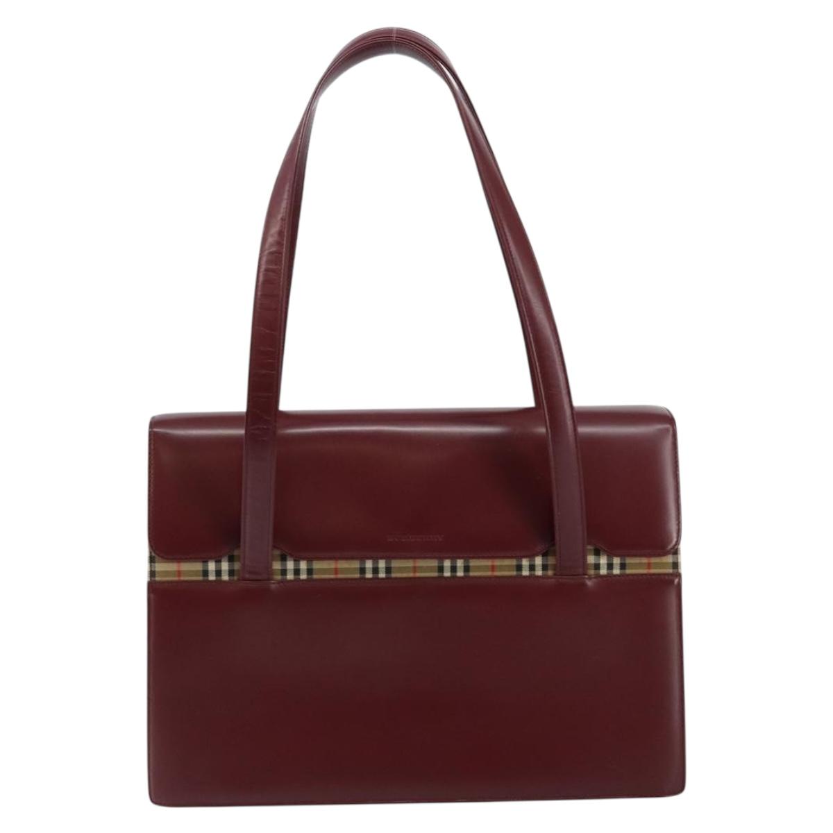 BURBERRY Nova Check Hand Bag Canvas Leather Bordeaux Beige Auth ki6009