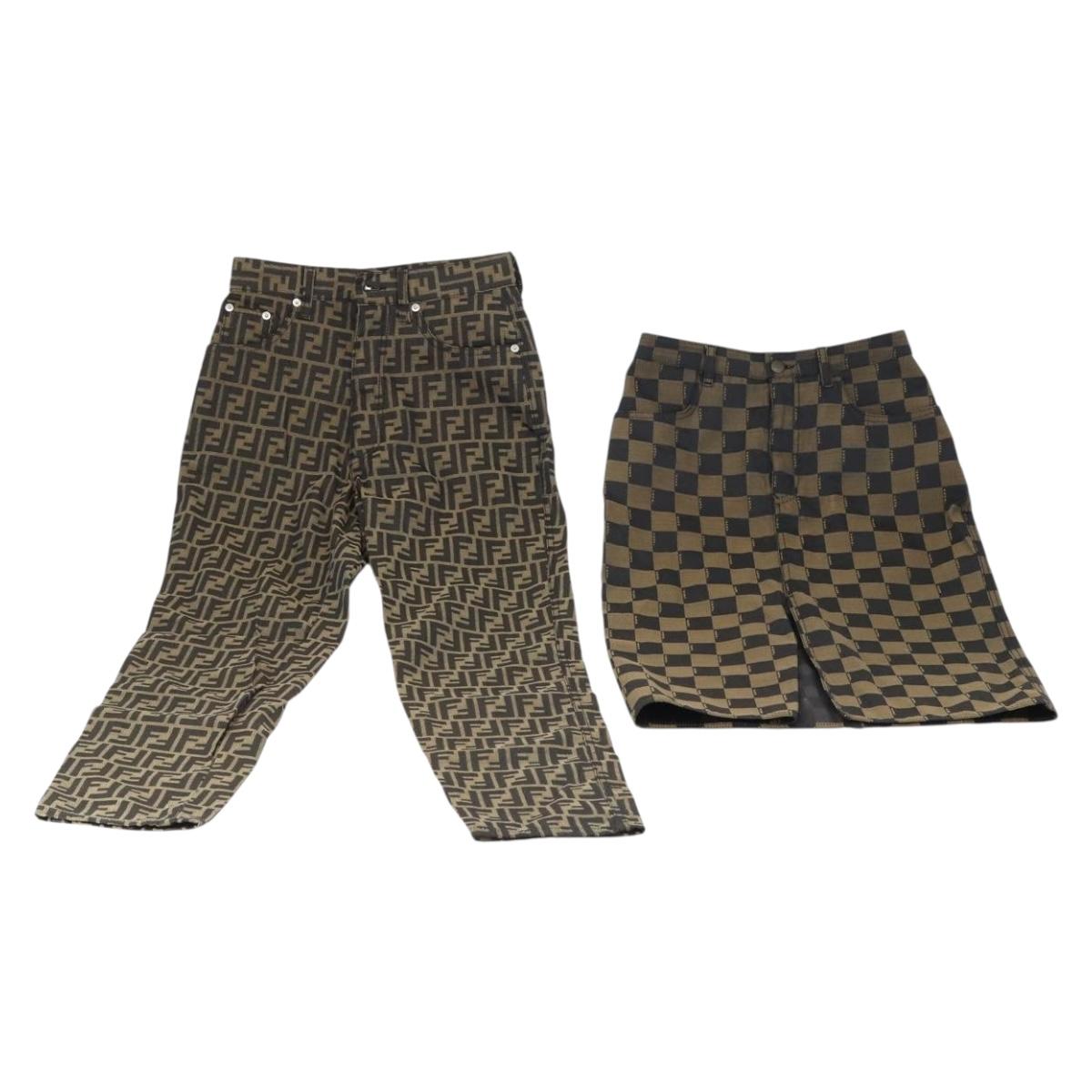 FENDI Zucca Canvas Pecan Canvas Skirt Pants 2 Set Black Brown Auth ki6020