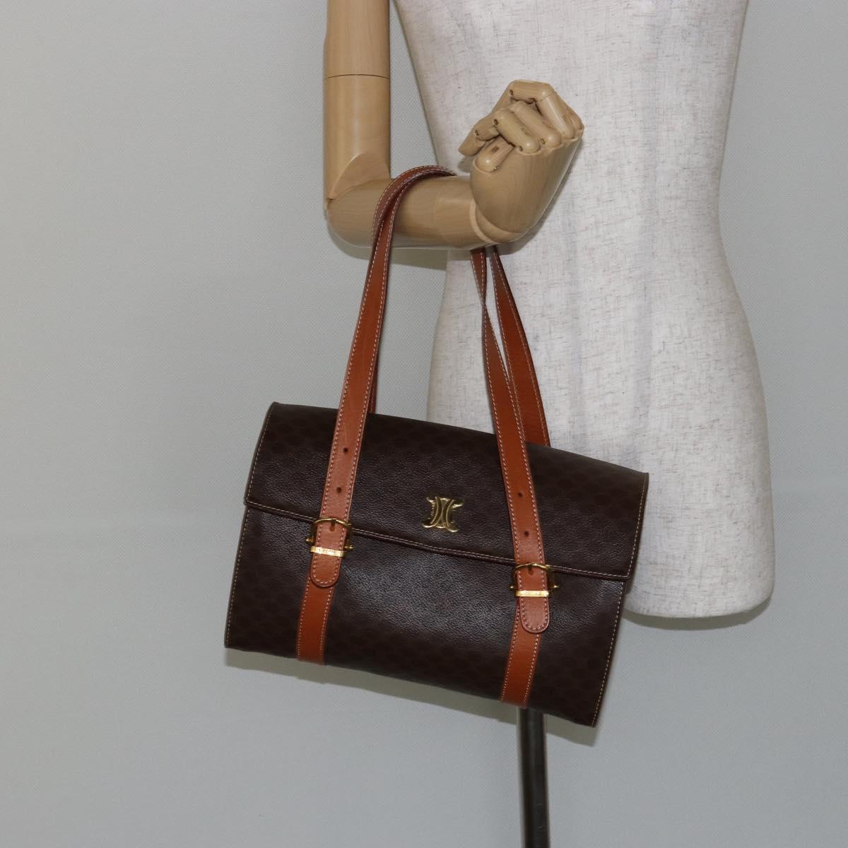CELINE Macadam Canvas Hand Bag PVC Leather Brown Auth ki6046