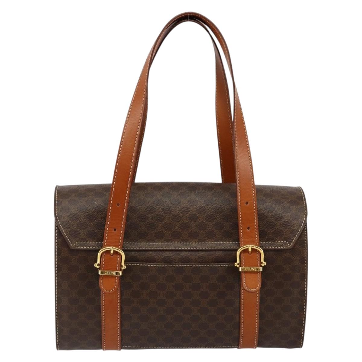 CELINE Macadam Canvas Hand Bag PVC Leather Brown Auth ki6046