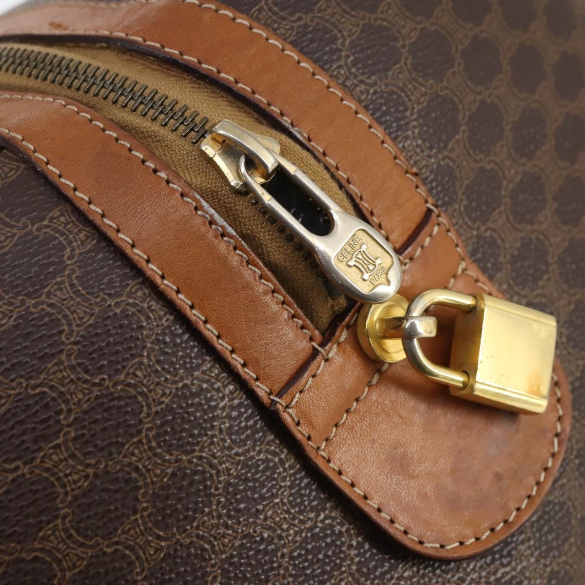 CELINE Macadam Canvas Boston Bag PVC Leather Brown Auth ki6048