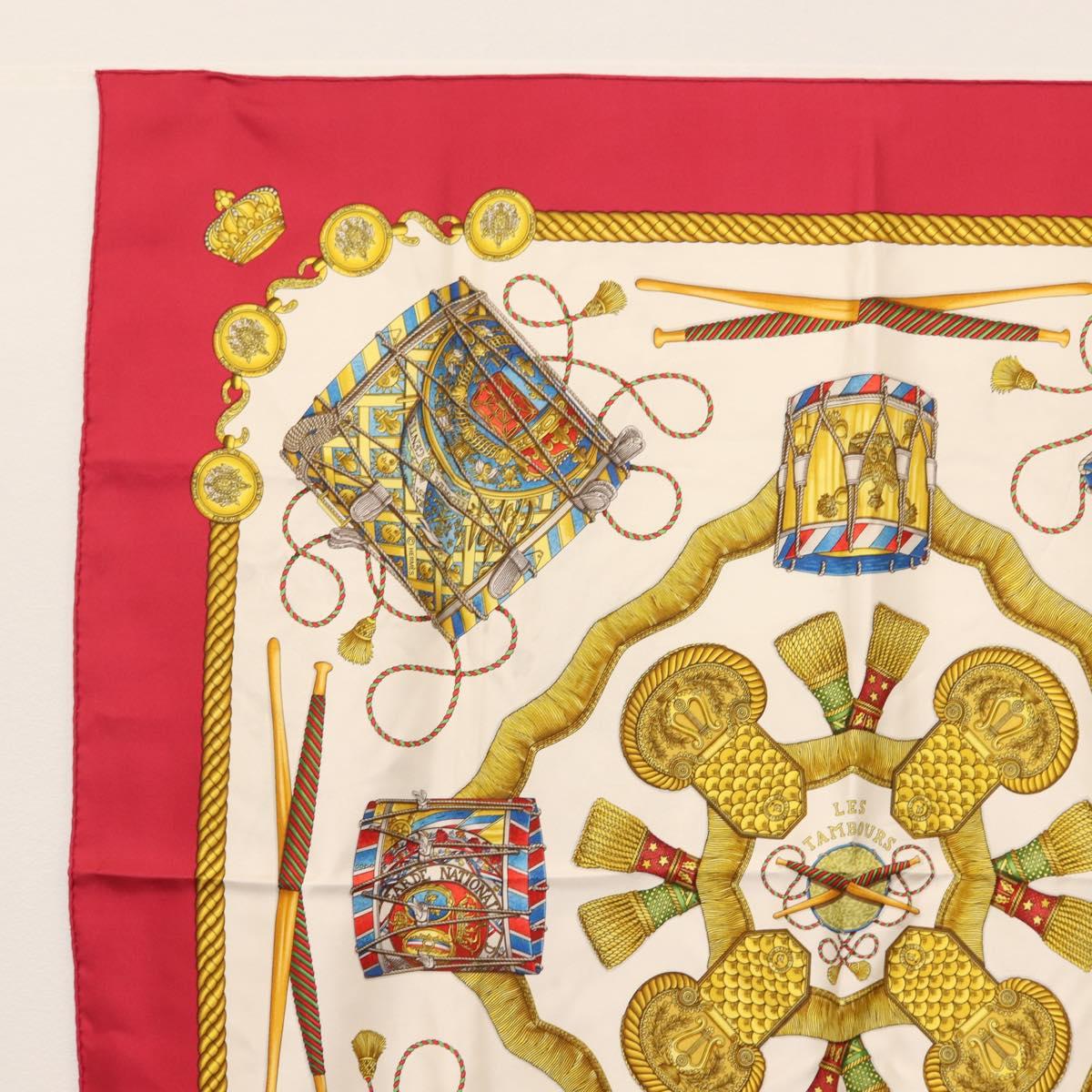 HERMES Carre 90 Scarf LES TAMBOURS Silk Red Auth ki6050