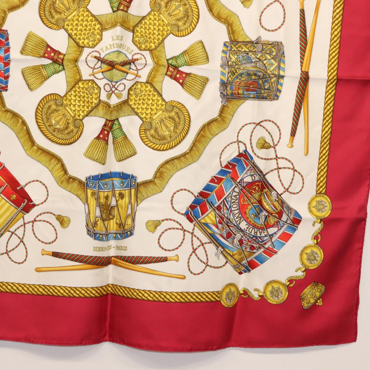 HERMES Carre 90 Scarf LES TAMBOURS Silk Red Auth ki6050