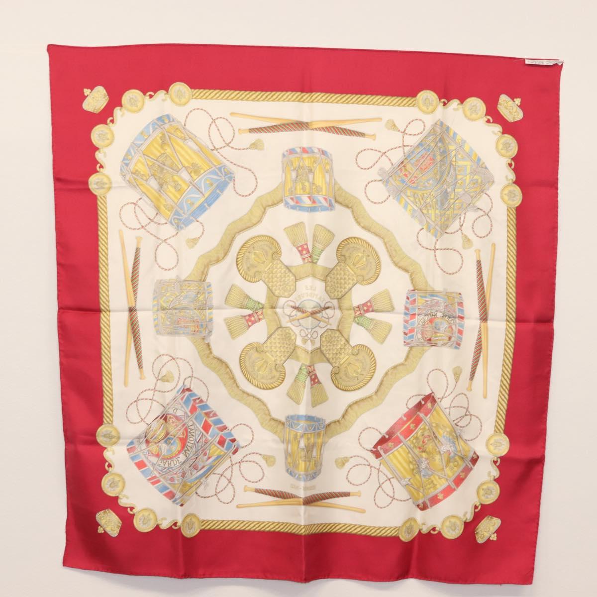 HERMES Carre 90 Scarf LES TAMBOURS Silk Red Auth ki6050