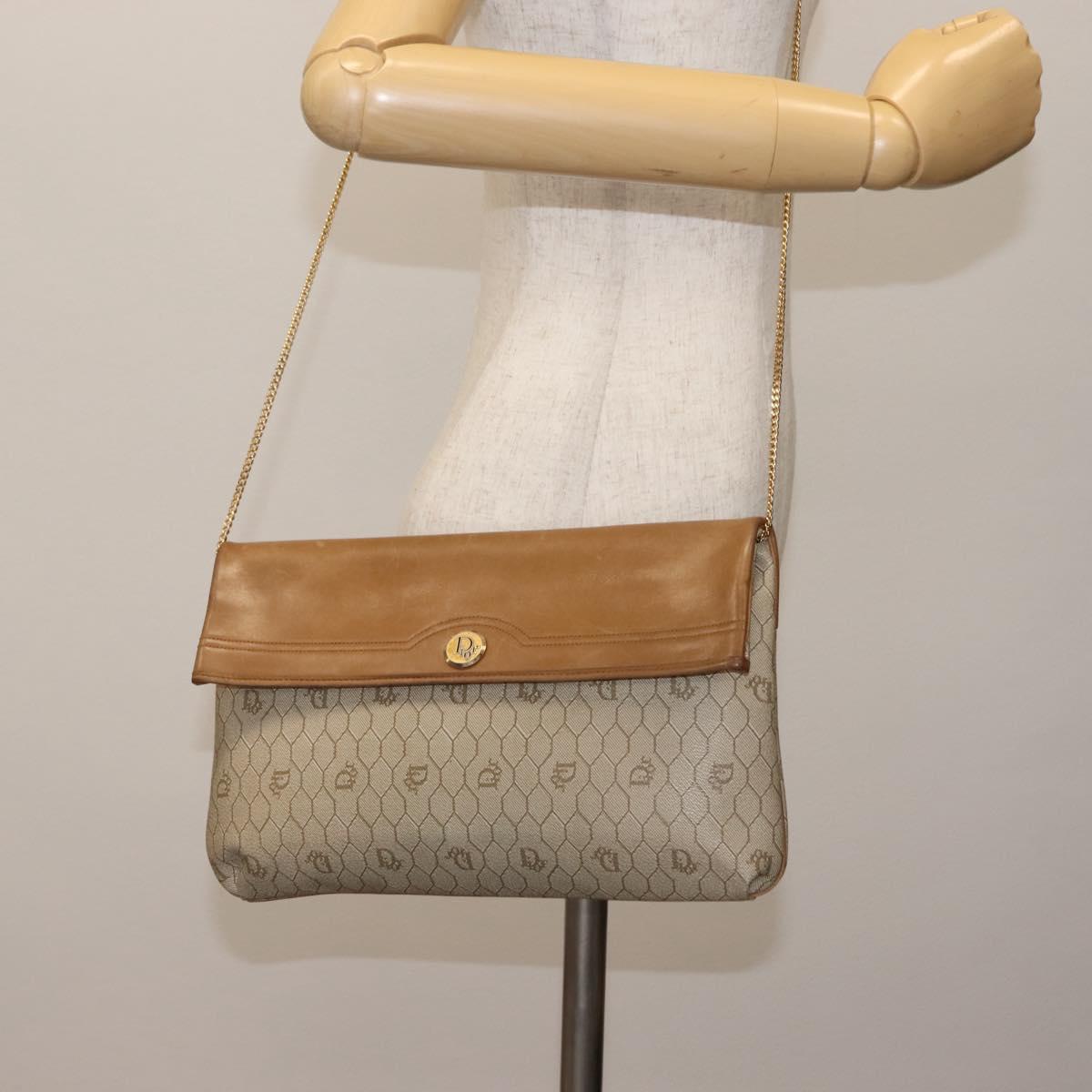 Christian Dior Honeycomb Canvas Chain Shoulder Bag PVC Leather Beige Auth ki6055