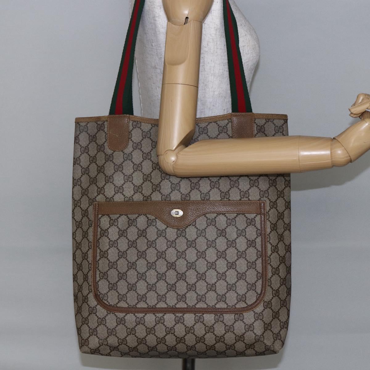 GUCCI GG Supreme Web Sherry Line Tote Bag PVC Leather Beige Red Auth ki6059
