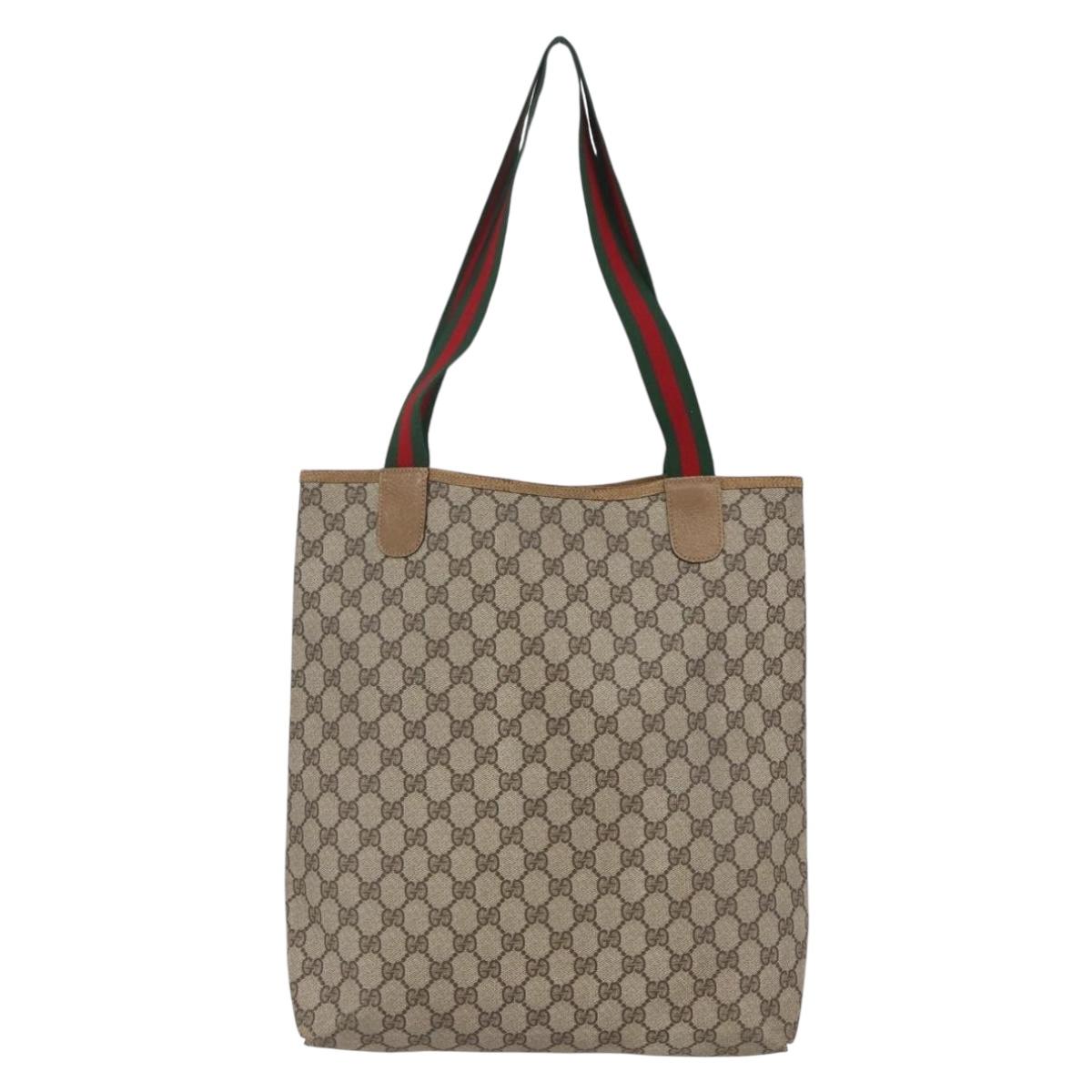 GUCCI GG Supreme Web Sherry Line Tote Bag PVC Leather Beige Red Auth ki6059