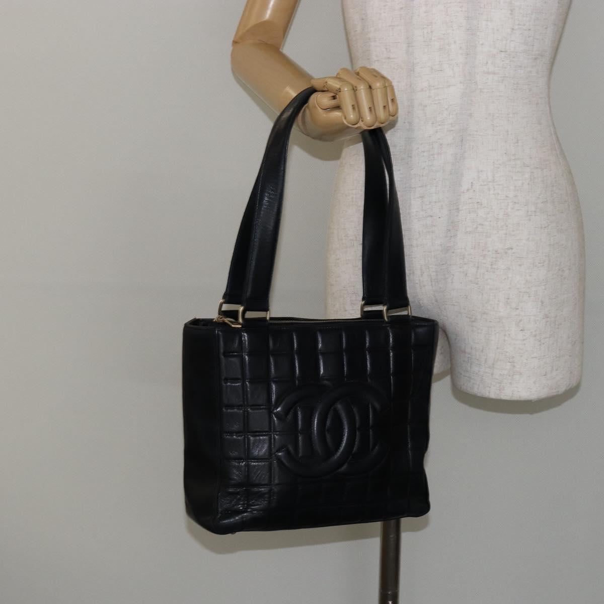 CHANEL Choco Bar COCO Mark Tote Bag Lamb Skin Black CC Auth ki6083
