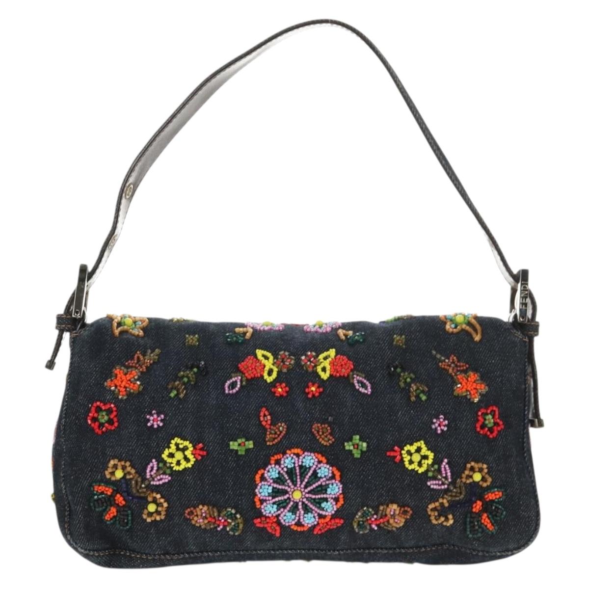 FENDI Mamma Baguette beads Shoulder Bag Denim Navy Auth ki6105V