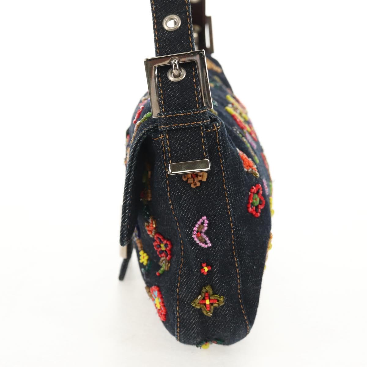 FENDI Mamma Baguette beads Shoulder Bag Denim Navy Auth ki6105V