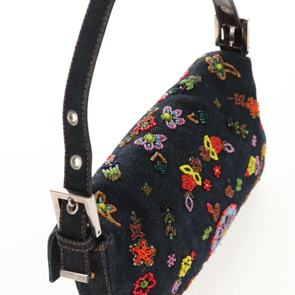 FENDI Mamma Baguette beads Shoulder Bag Denim Navy Auth ki6105V
