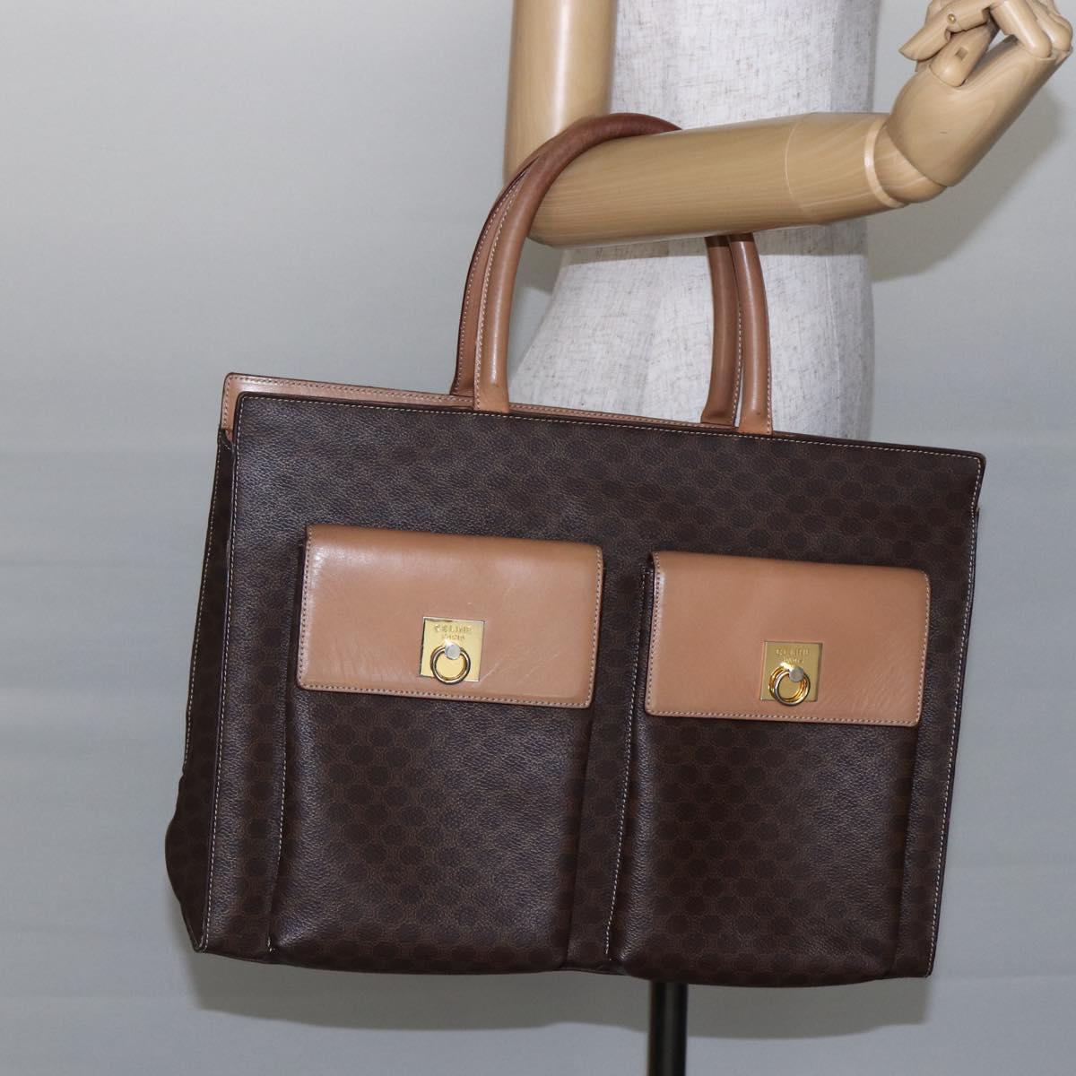 CELINE Macadam Canvas Tote Bag PVC Leather Brown Gold Auth ki6123