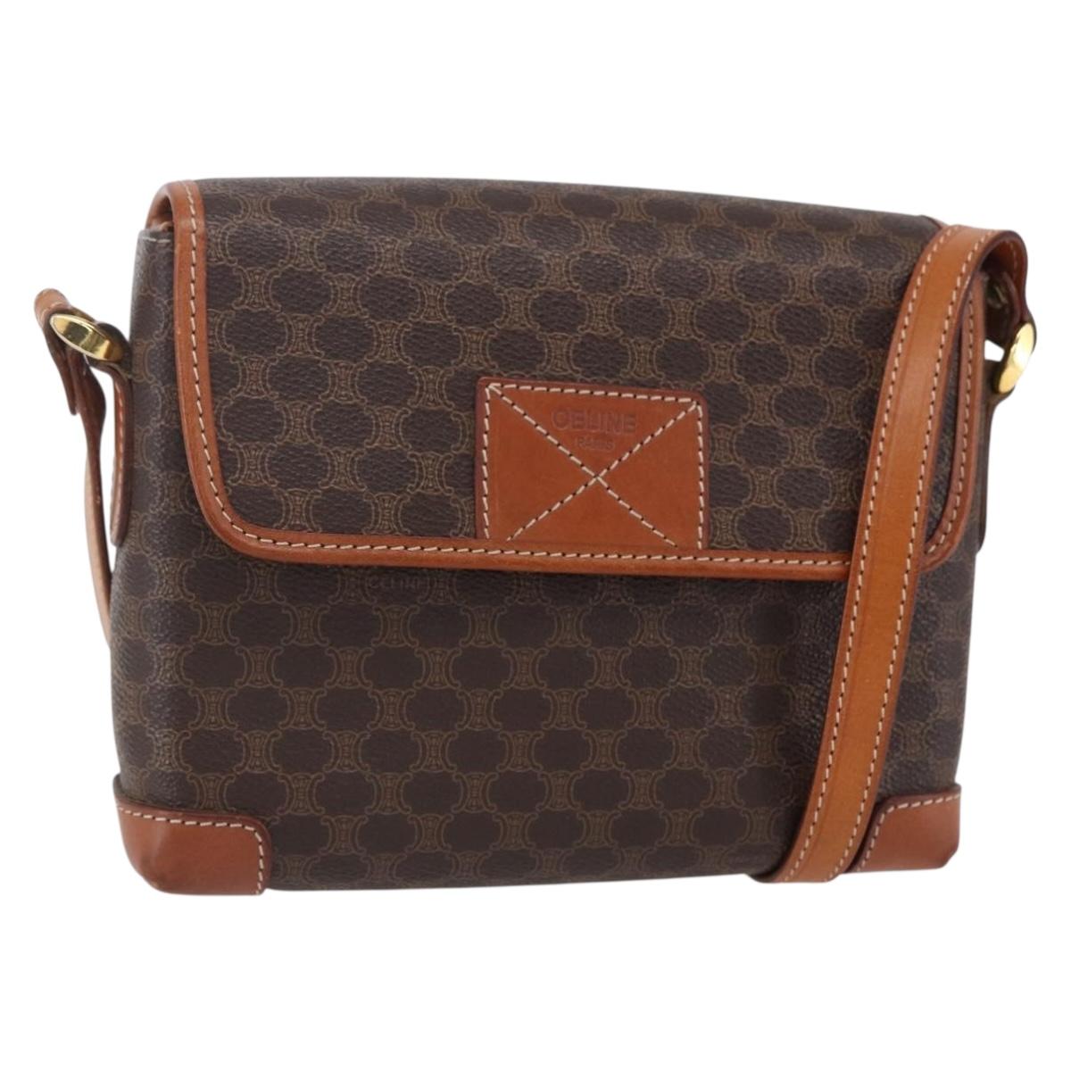 CELINE Macadam Canvas Shoulder Bag PVC Leather Brown Gold Auth ki6135