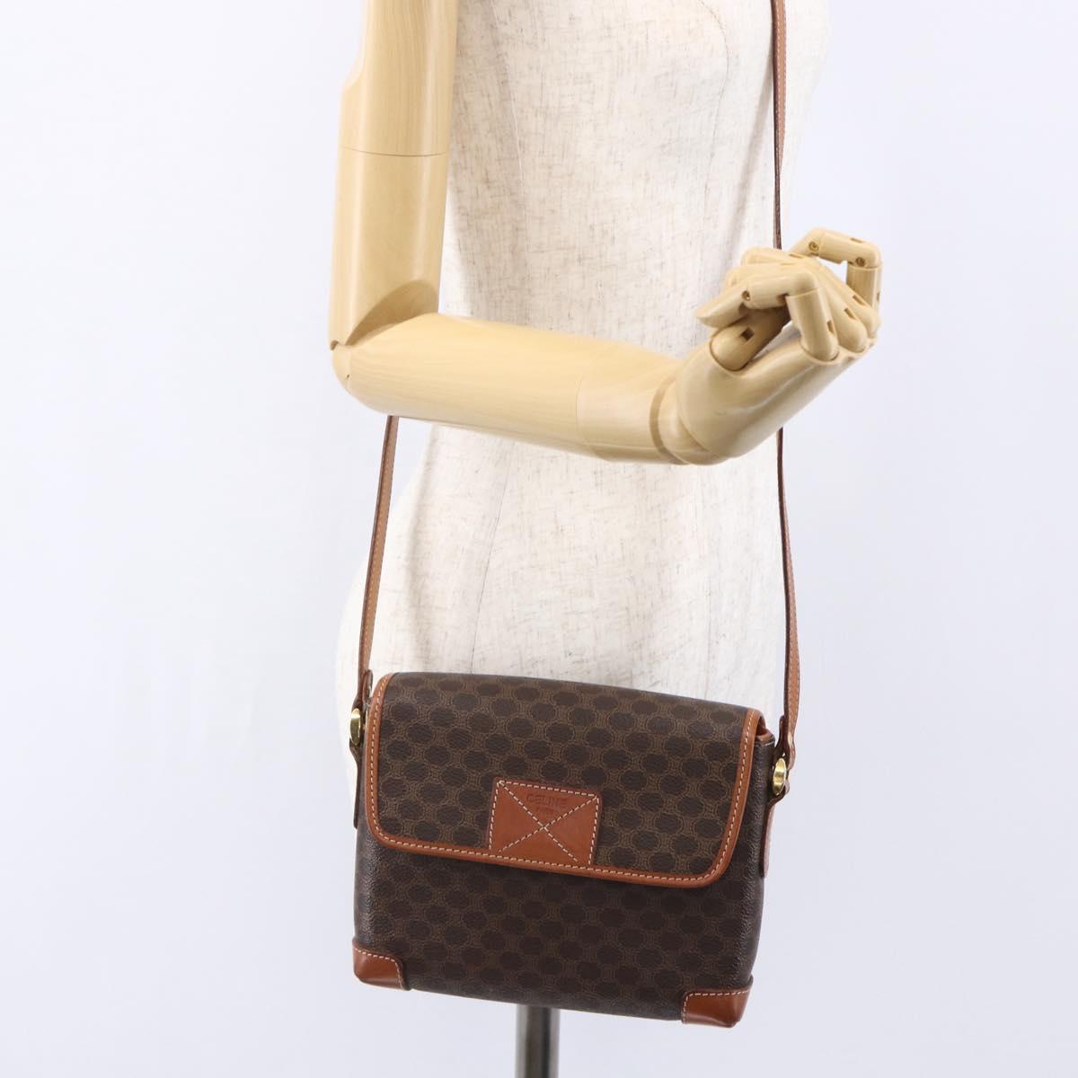 CELINE Macadam Canvas Shoulder Bag PVC Leather Brown Gold Auth ki6135