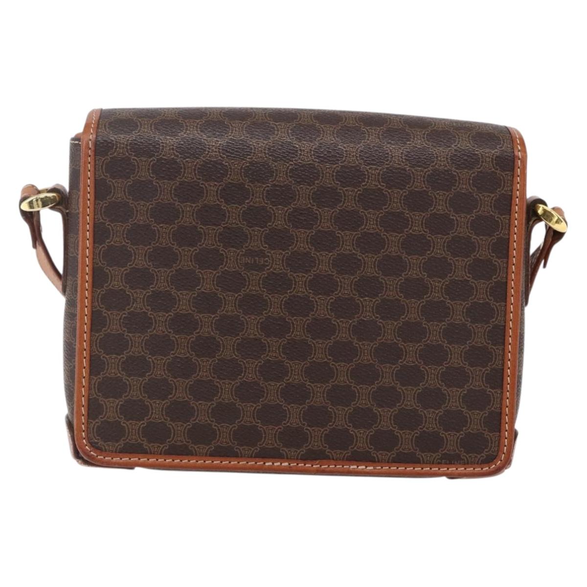 CELINE Macadam Canvas Shoulder Bag PVC Leather Brown Gold Auth ki6135