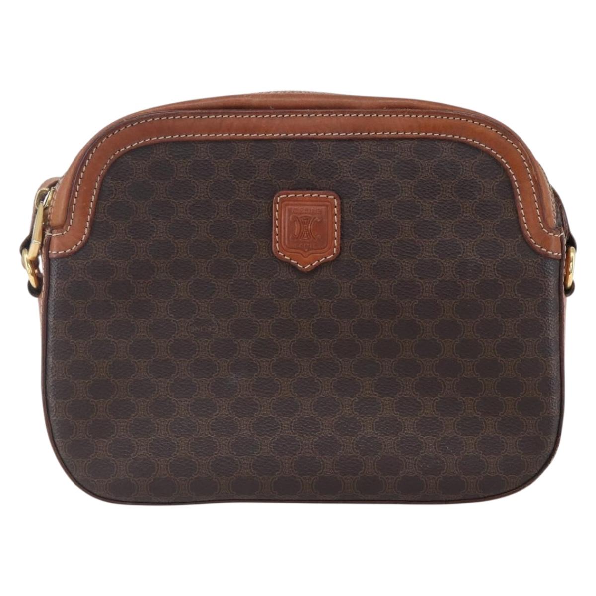 CELINE Macadam Canvas Shoulder Bag PVC Leather Brown Gold Auth ki6137