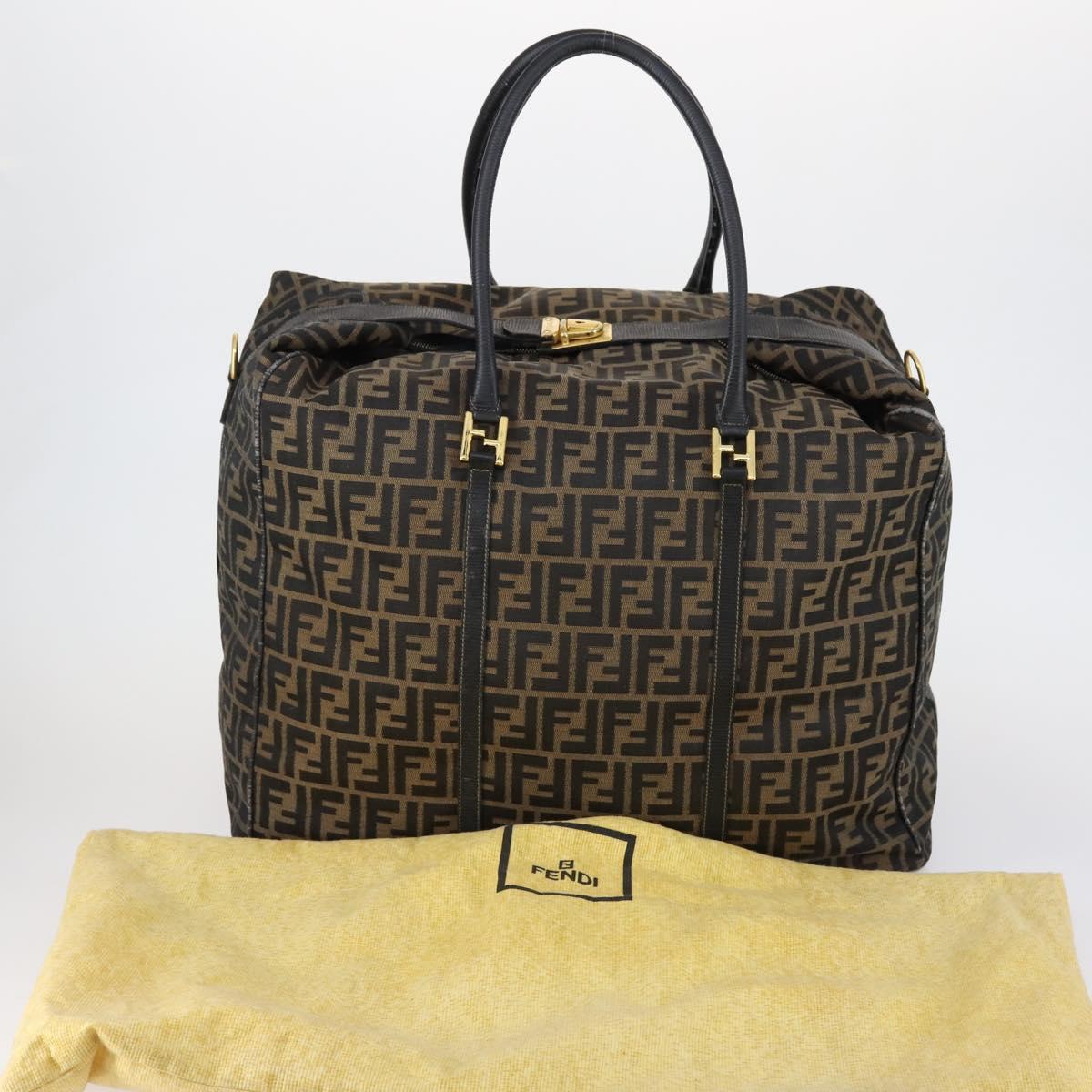 FENDI Zucca Canvas Boston Bag Black Brown gold Auth ki6142