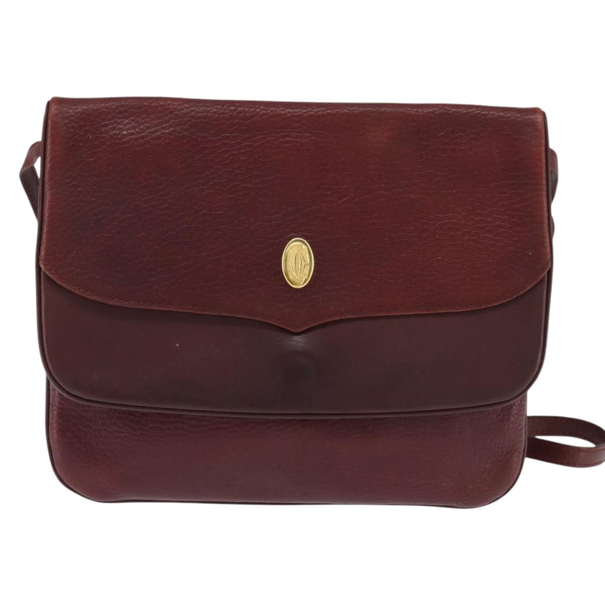CARTIER Must Line Shoulder Bag Leather Bordeaux Gold Auth ki6147