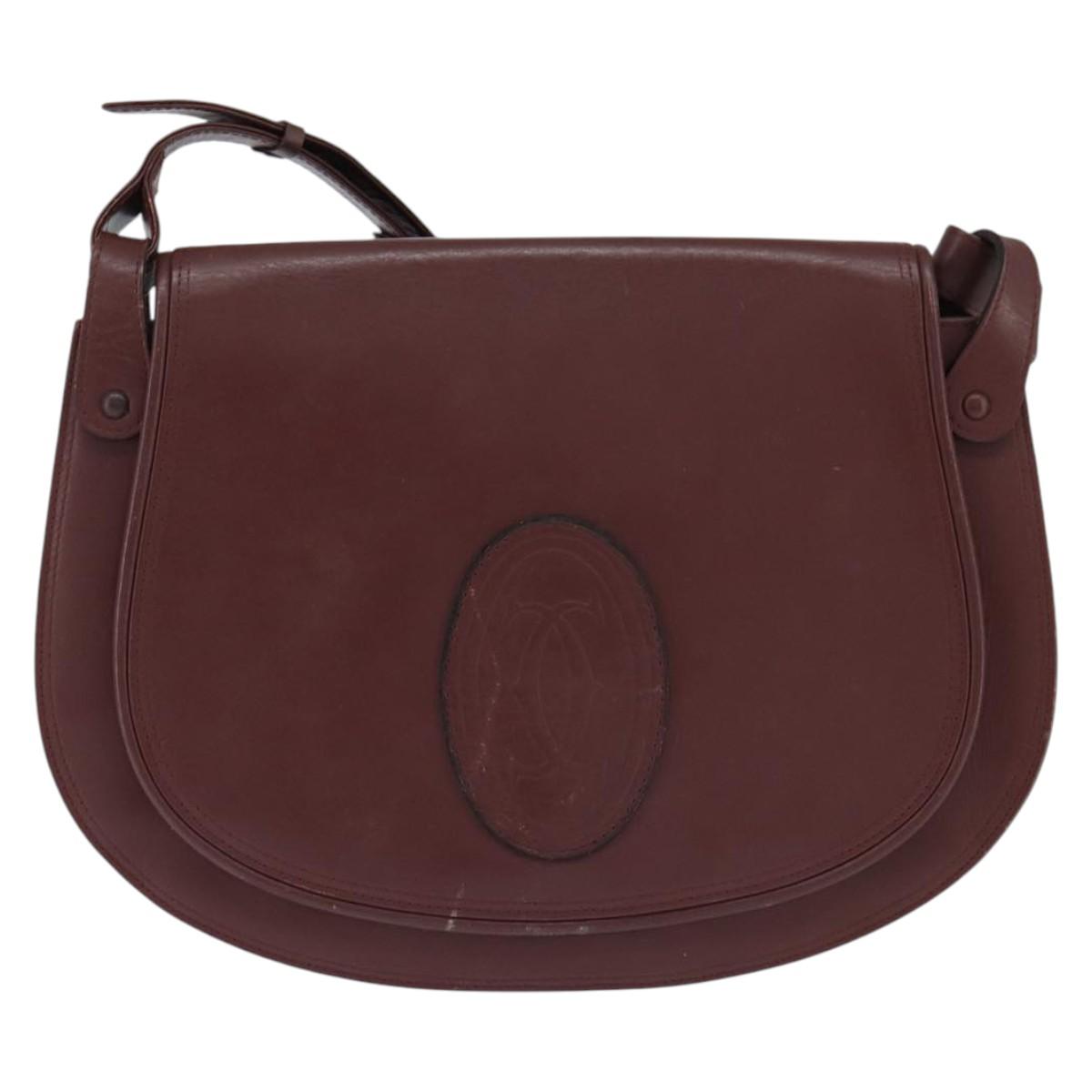 CARTIER Must Line Shoulder Bag Leather Bordeaux Gold Auth ki6148