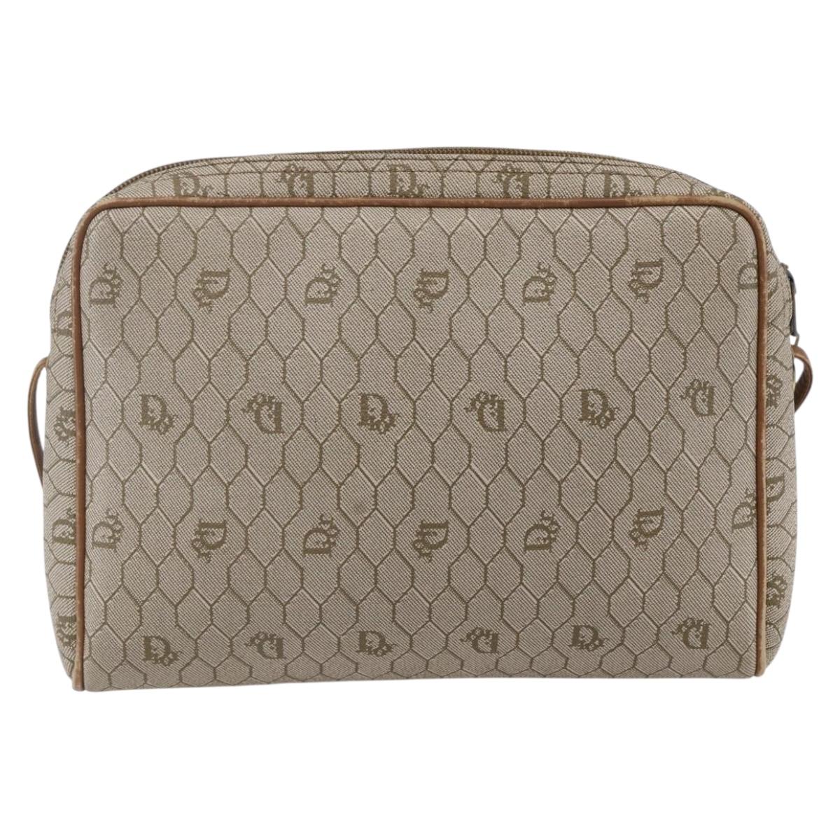 Christian Dior Honeycomb Canvas Shoulder Bag PVC Beige Gold Auth ki6153