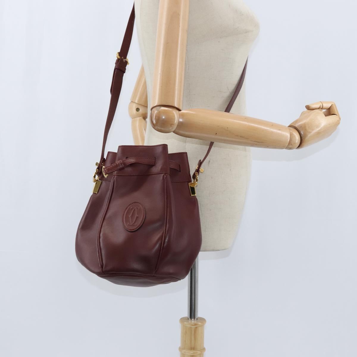 CARTIER Must Line Shoulder Bag Leather Bordeaux Gold Auth ki6154