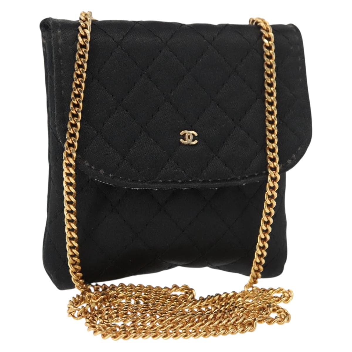 CHANEL Matelasse Chain Shoulder Bag Satin Black Gold CC Auth ki6158