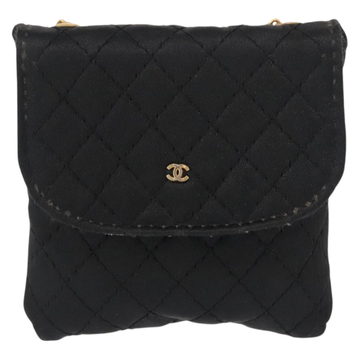 CHANEL Matelasse Chain Shoulder Bag Satin Black Gold CC Auth ki6158