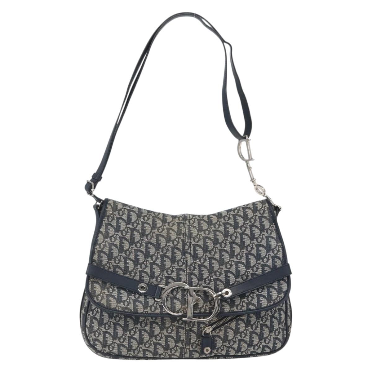 Christian Dior Trotter Canvas Shoulder Bag Navy Silver Auth ki6178