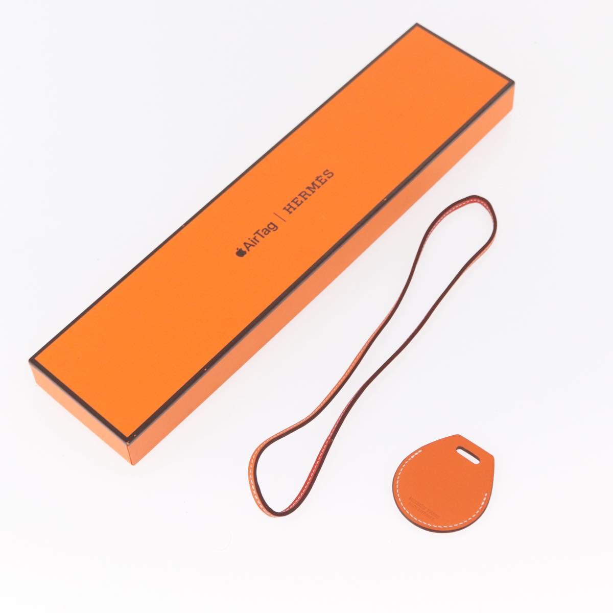 HERMES Airtag Bag Charm Leather Orange Auth ki6180