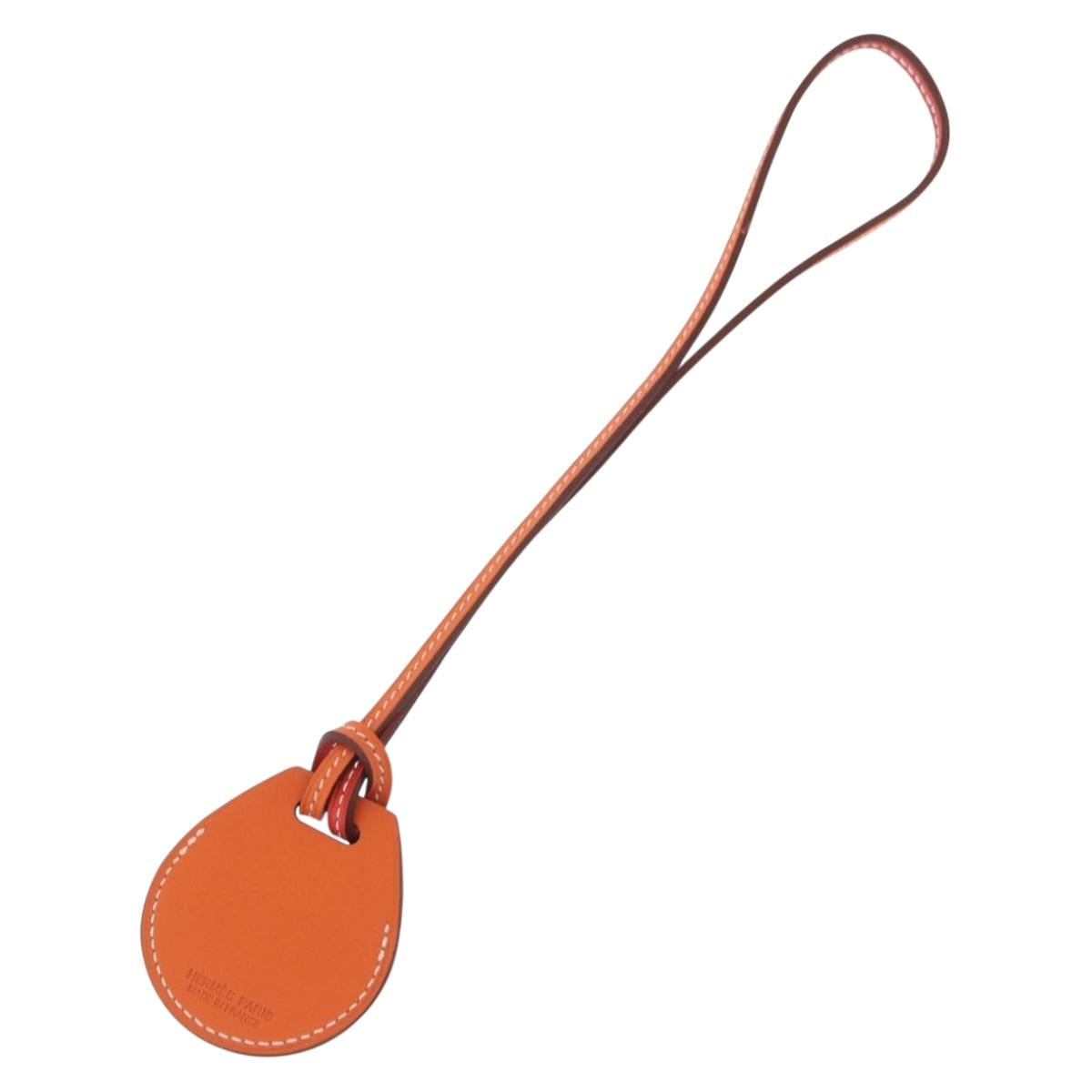 HERMES Airtag Bag Charm Leather Orange Auth ki6180