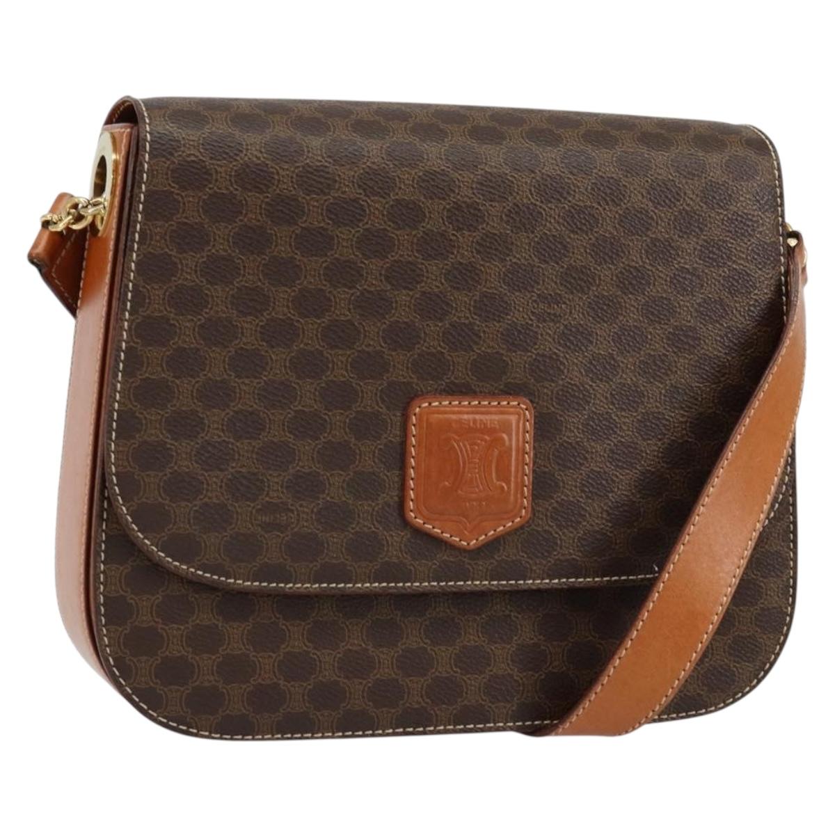 CELINE Macadam Canvas Shoulder Bag PVC Leather Brown Gold Auth ki6185