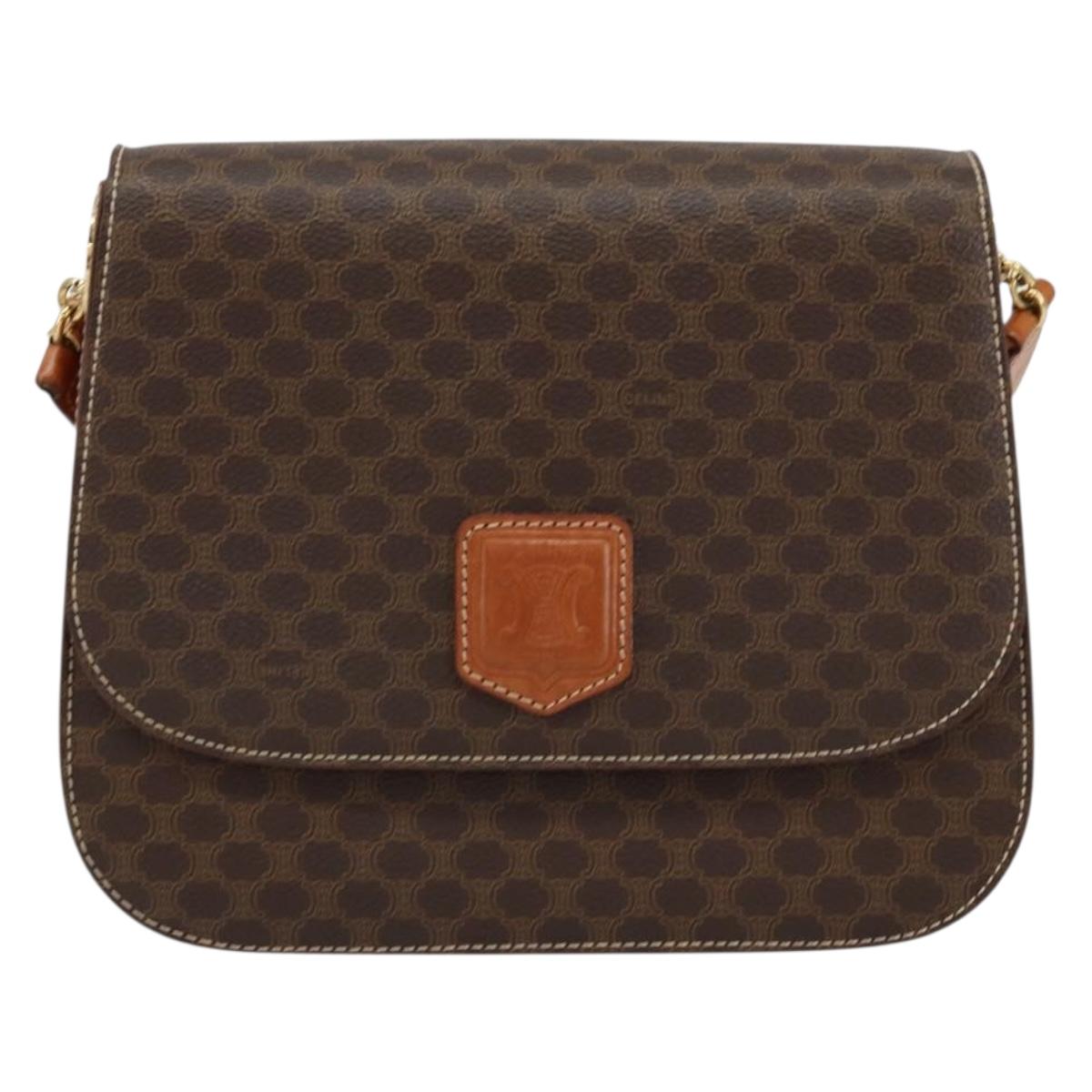 CELINE Macadam Canvas Shoulder Bag PVC Leather Brown Gold Auth ki6185