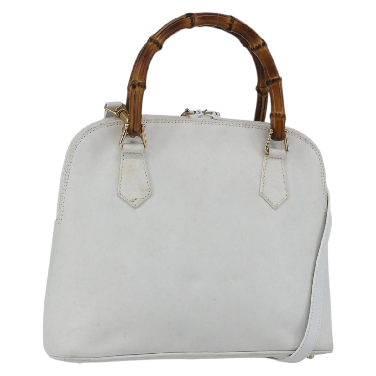 GUCCI Bamboo Hand Bag Leather White Gold Auth ki6188
