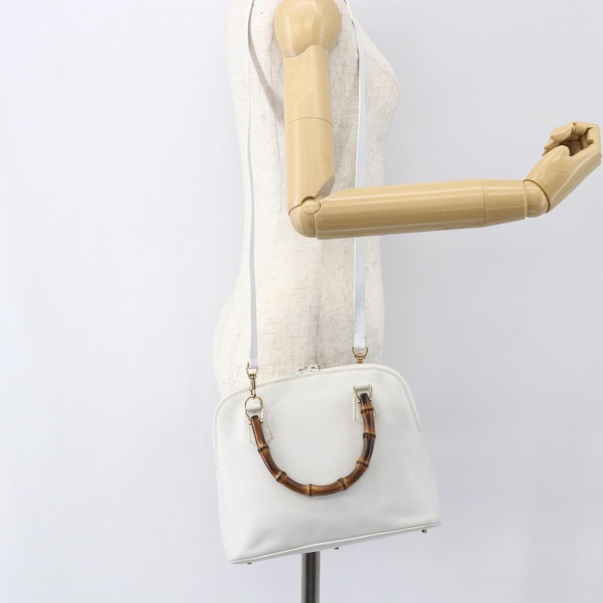 GUCCI Bamboo Hand Bag Leather White Gold Auth ki6188