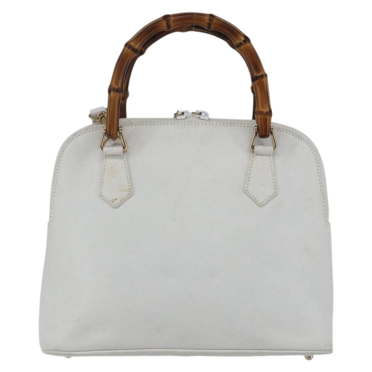 GUCCI Bamboo Hand Bag Leather White Gold Auth ki6188