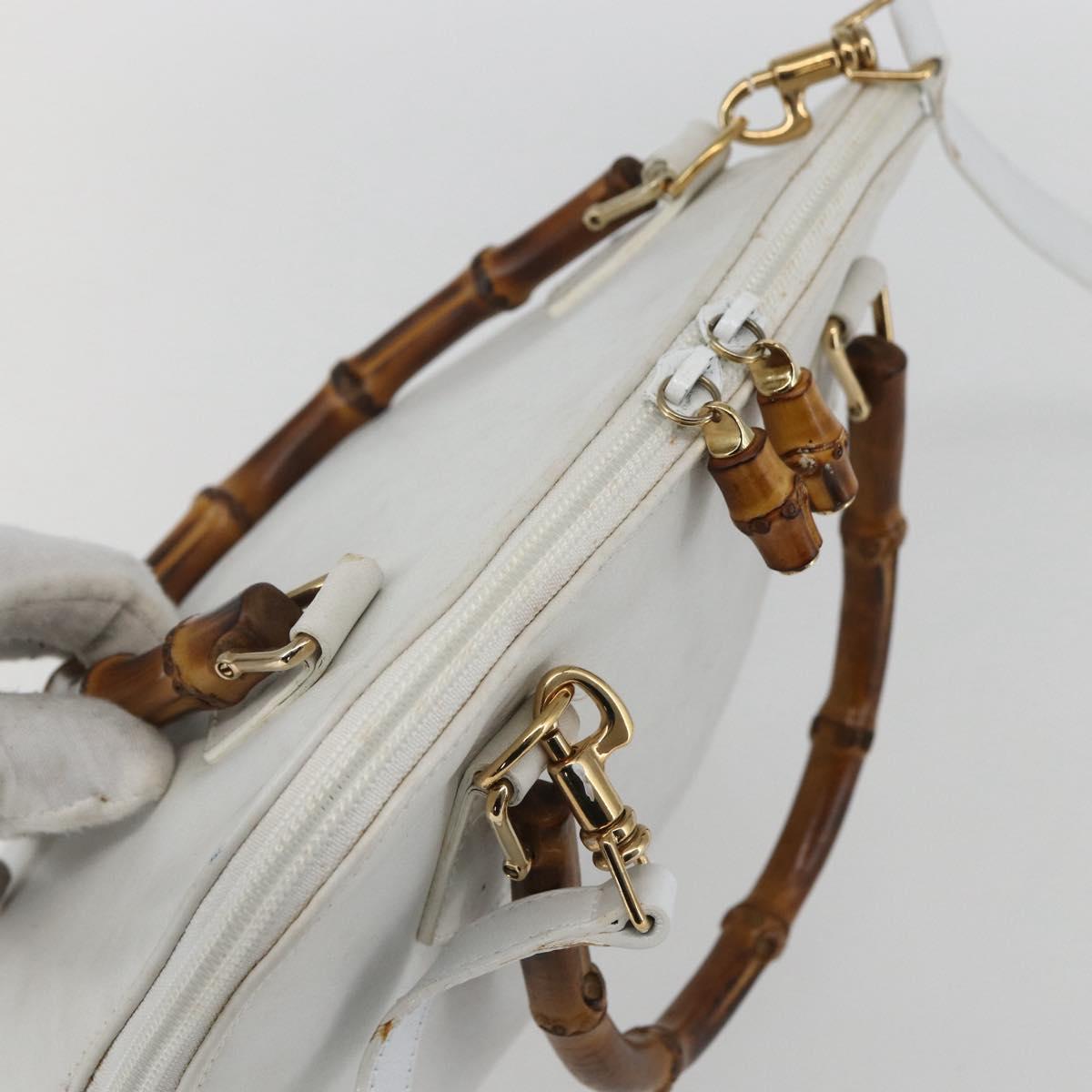 GUCCI Bamboo Hand Bag Leather White Gold Auth ki6188
