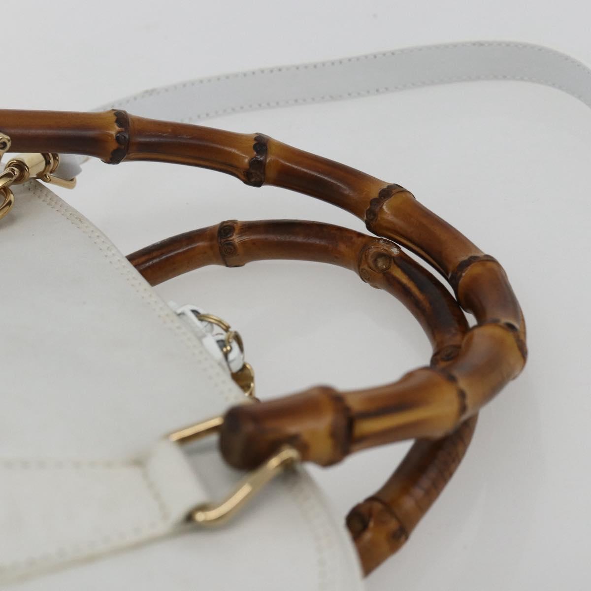 GUCCI Bamboo Hand Bag Leather White Gold Auth ki6188