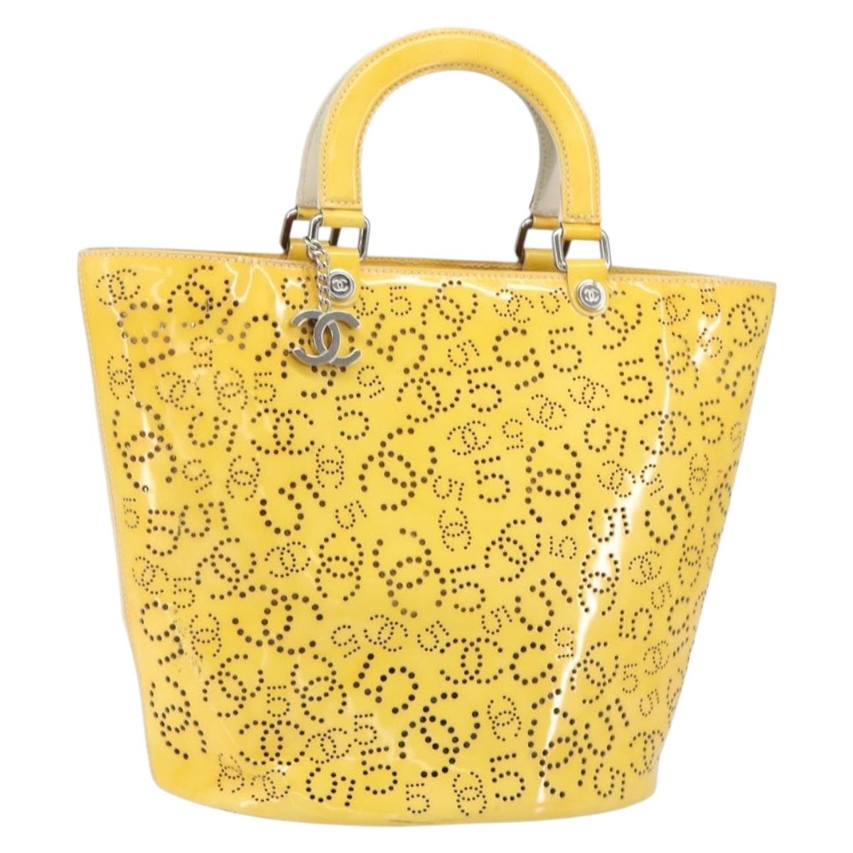 CHANEL No.5 Punching Hand Bag Patent leather Yellow Silver CC Auth ki6193