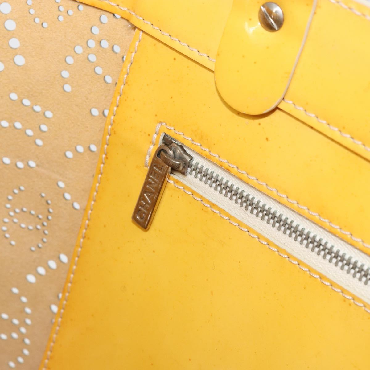 CHANEL No.5 Punching Hand Bag Patent leather Yellow Silver CC Auth ki6193