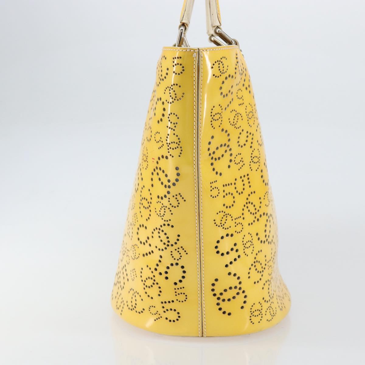 CHANEL No.5 Punching Hand Bag Patent leather Yellow Silver CC Auth ki6193