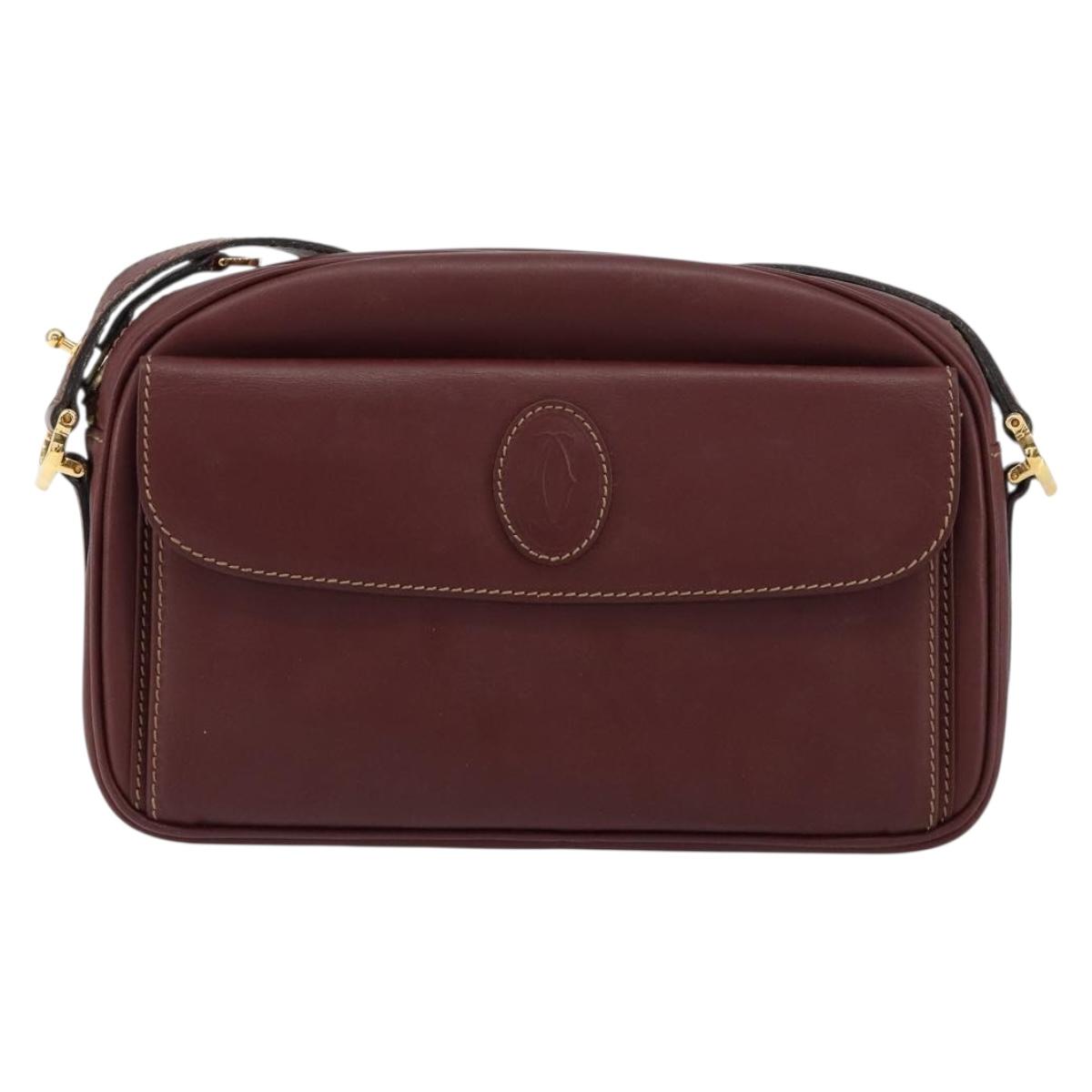 CARTIER Must Line Shoulder Bag Leather Bordeaux Gold Auth ki6196