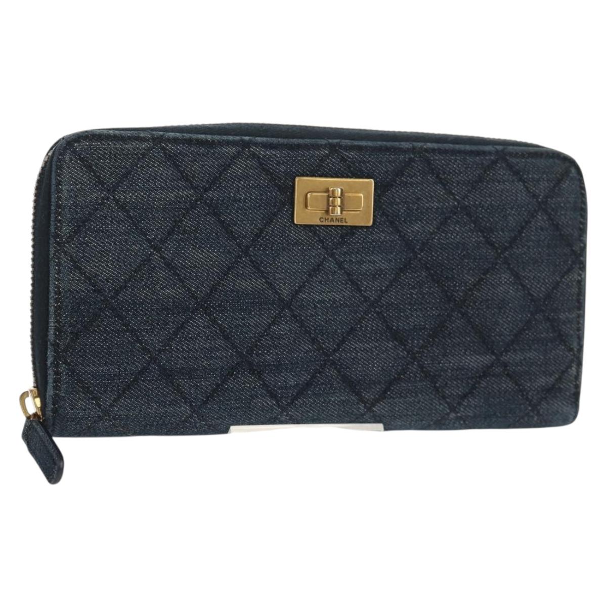 CHANEL 2.55 Zip Around Wallet Denim Blue Gold CC Auth ki6204M