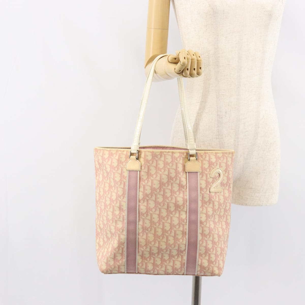 Christian Dior Trotter Canvas Romantic Tote Bag PVC Pink Silver Auth ki6219