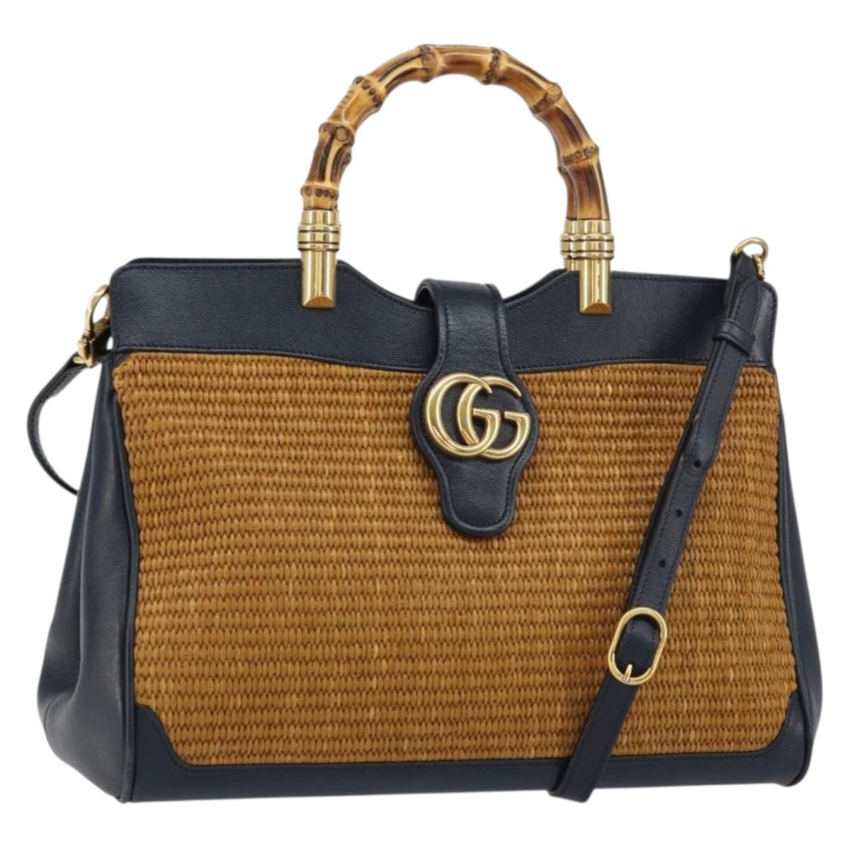GUCCI Bamboo Hand Bag Straw Leather 2way Brown Navy gold 655657 Auth ki6226SAM
