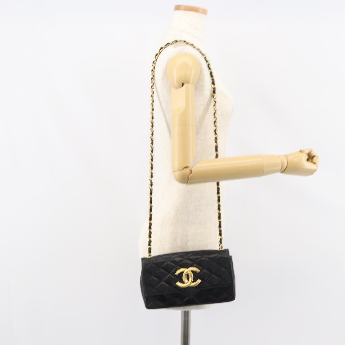 CHANEL Chain Shoulder Matelasse Bag Lamb Skin Black Gold CC Auth ki6227