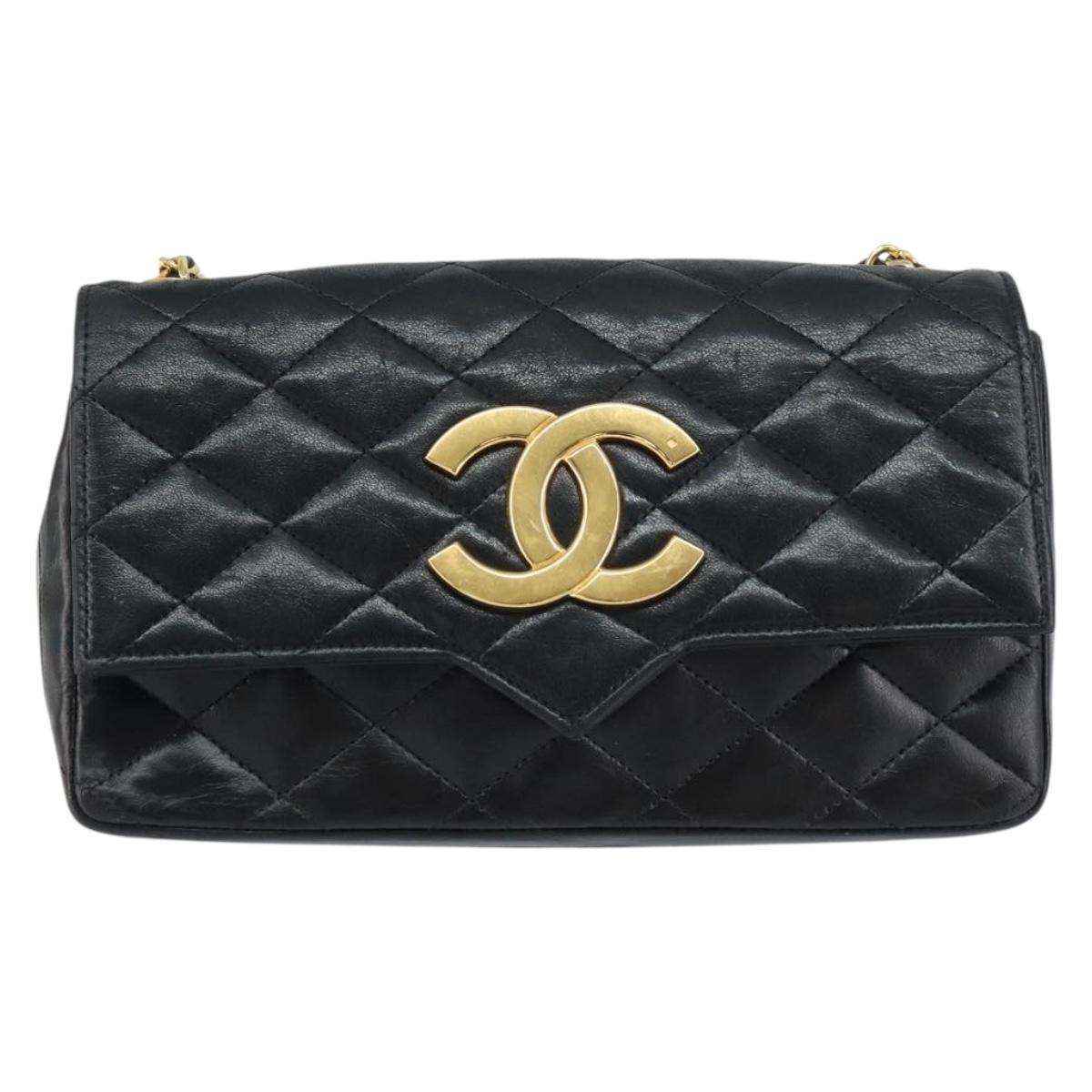 CHANEL Chain Shoulder Matelasse Bag Lamb Skin Black Gold CC Auth ki6227